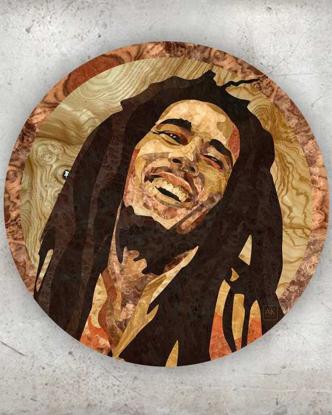 Bob Marley, a natural wood veneer marquetry portrait by Aydin Kalantar