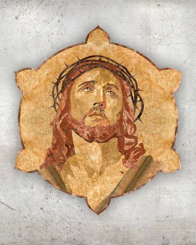 Jesus Christ, a natural wood veneer marquetry portrait by Aydin Kalantar