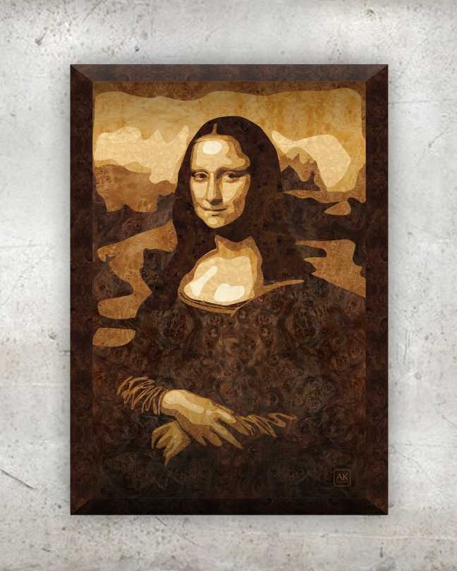Mona Lisa, a natural wood veneer marquetry portrait by Aydin Kalantar