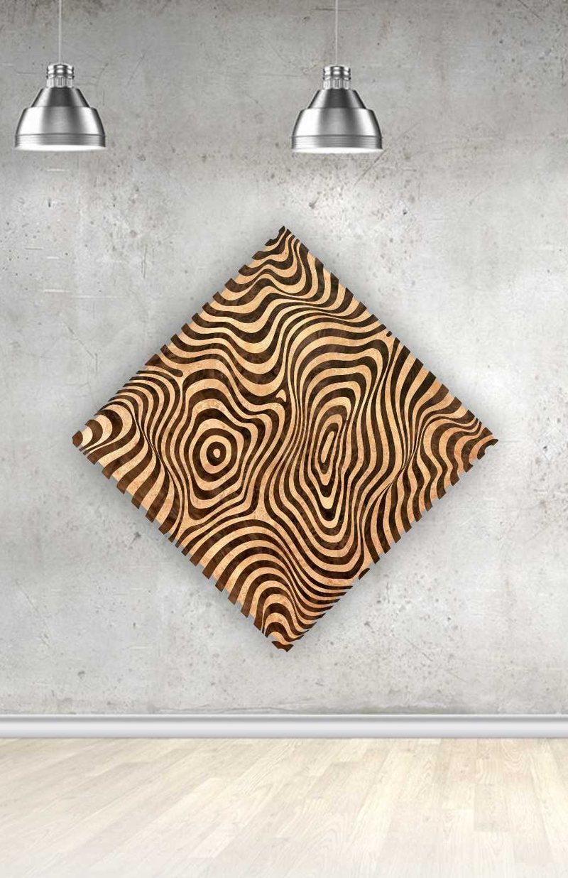 Abstract Flow, natural wood veneer marquetry wall art by Aydin Kalantar, shown hanging on a gallery wall