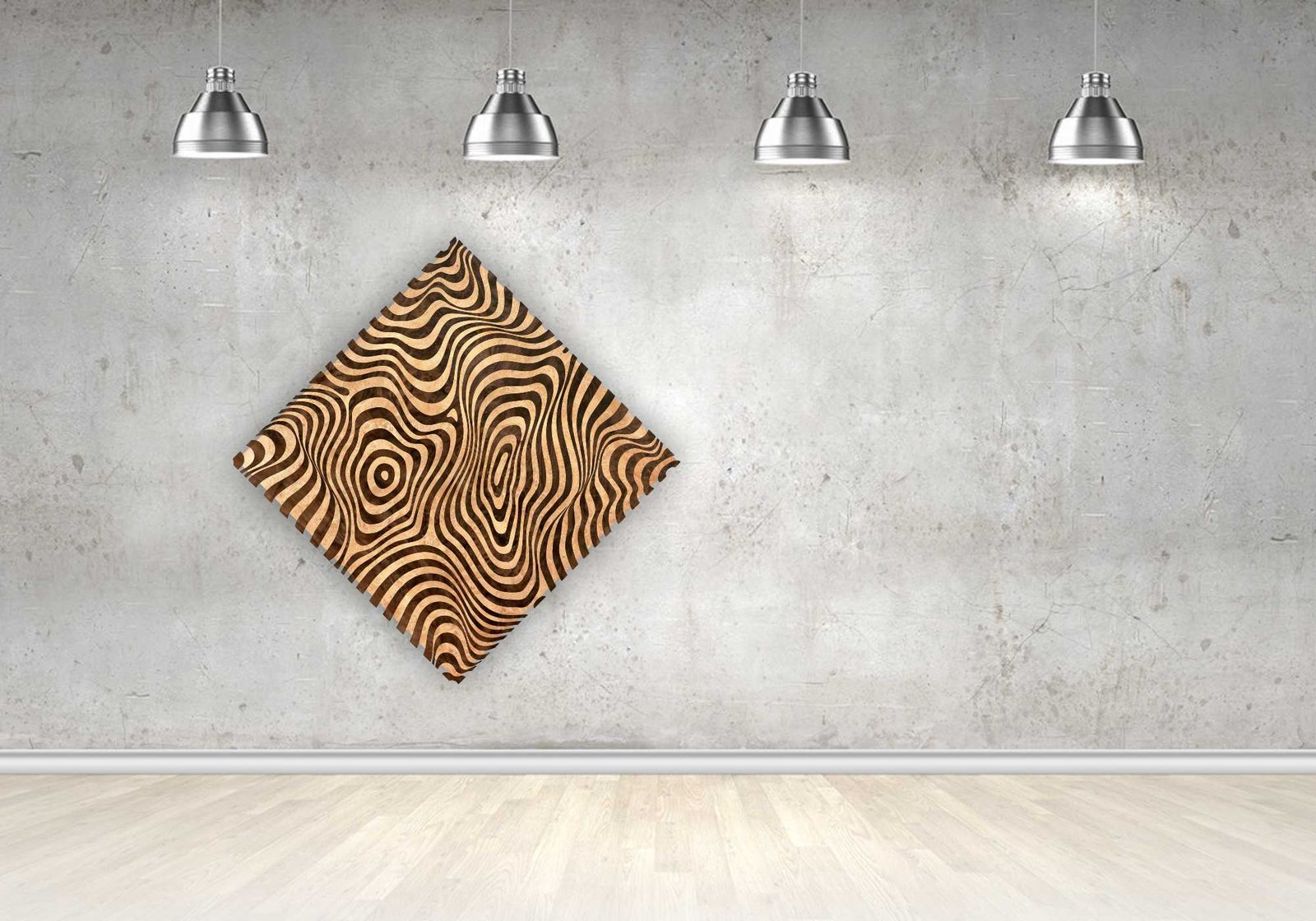 Abstract Flow, natural wood veneer marquetry wall art by Aydin Kalantar, shown hanging on a gallery wall