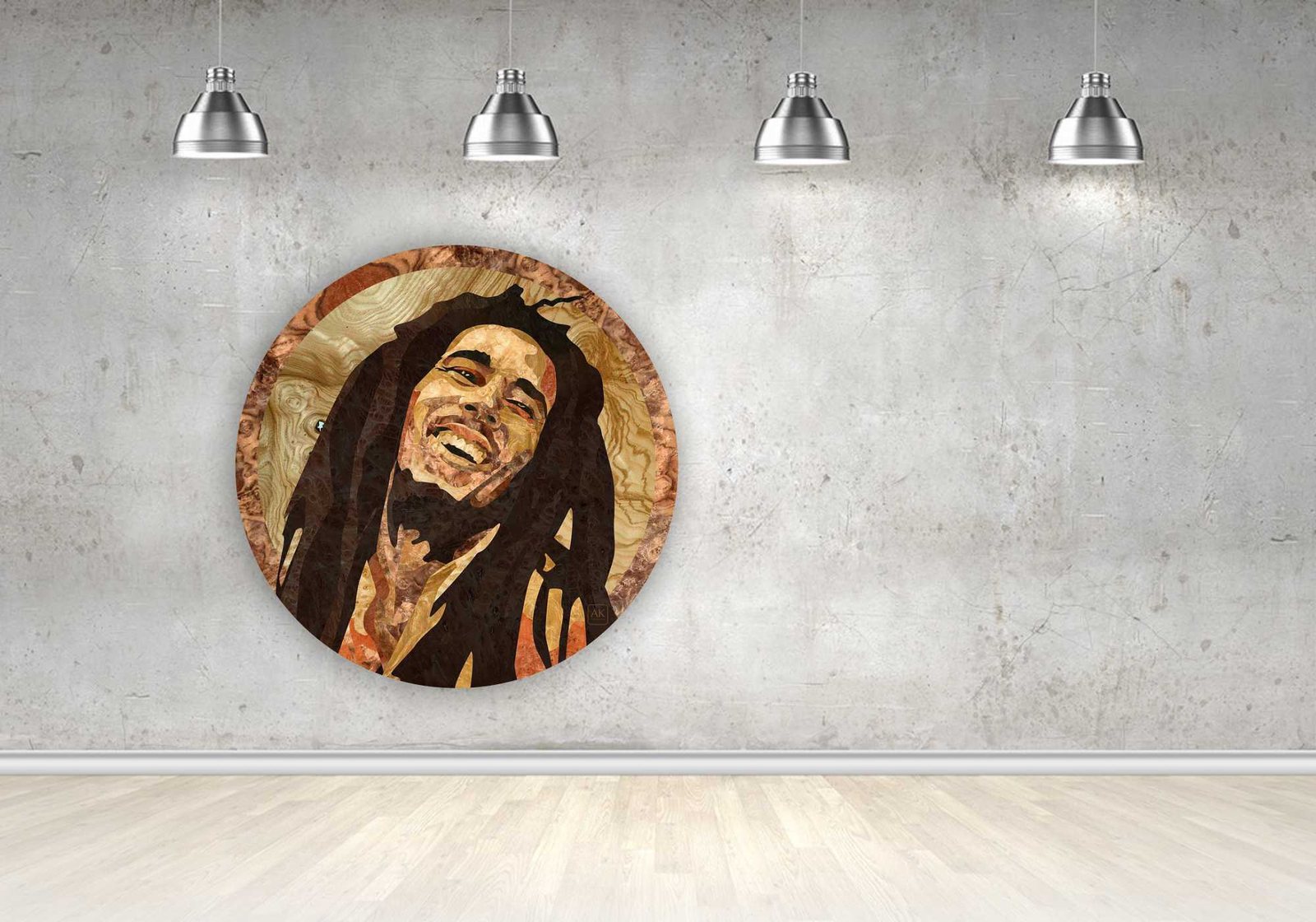 Bob Marley, natural wood veneer marquetry portrait by Aydin Kalantar, shown hanging on a gallery wall