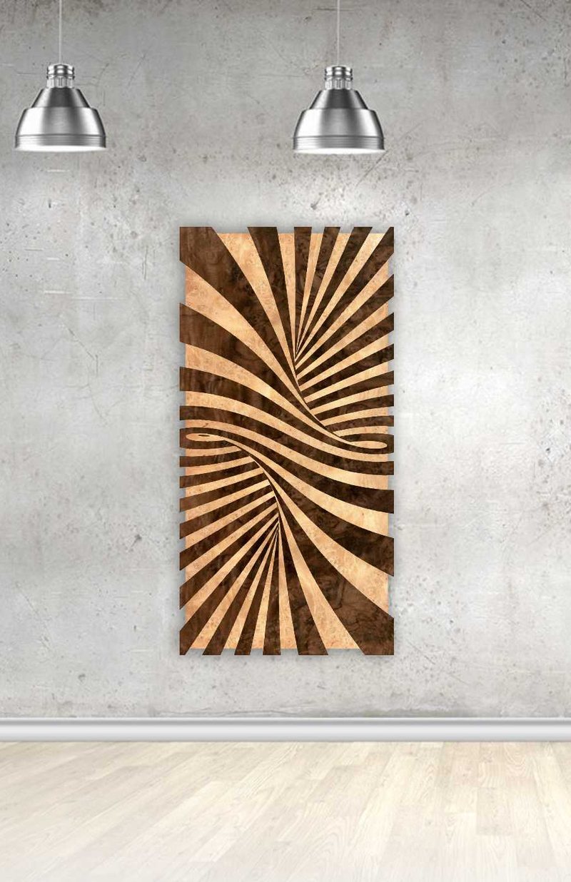 Hero Spiral, natural wood veneer marquetry wall art by Aydin Kalantar, shown hanging on a gallery wall