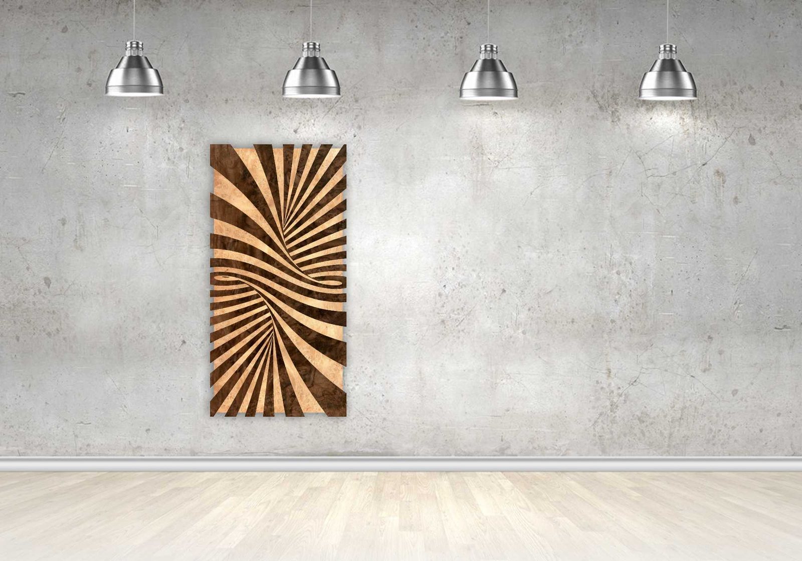 Hero Spiral, natural wood veneer marquetry wall art by Aydin Kalantar, shown hanging on a gallery wall