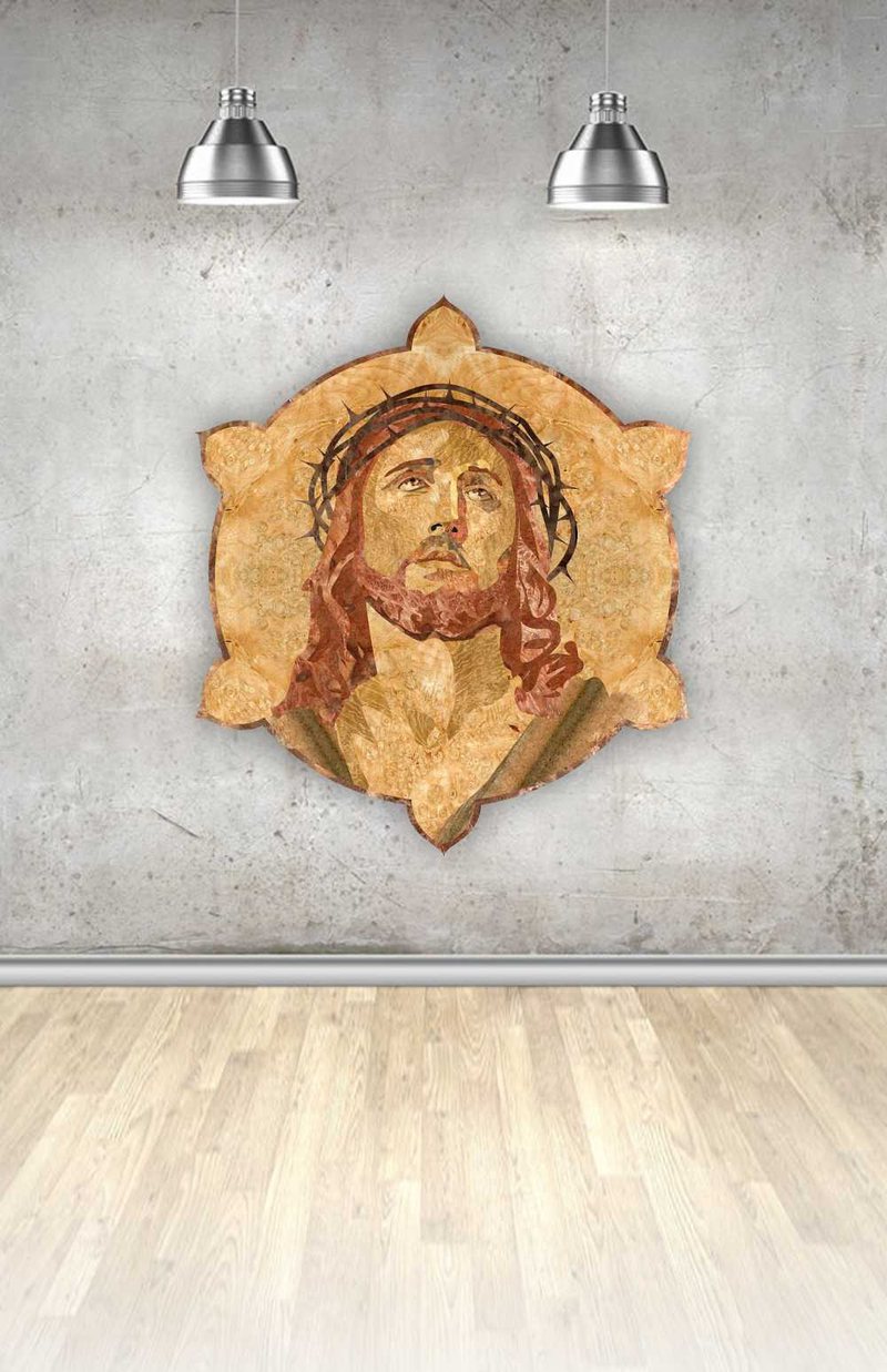 Jesus Christ, natural wood veneer marquetry portrait by Aydin Kalantar, shown hanging on a gallery wall