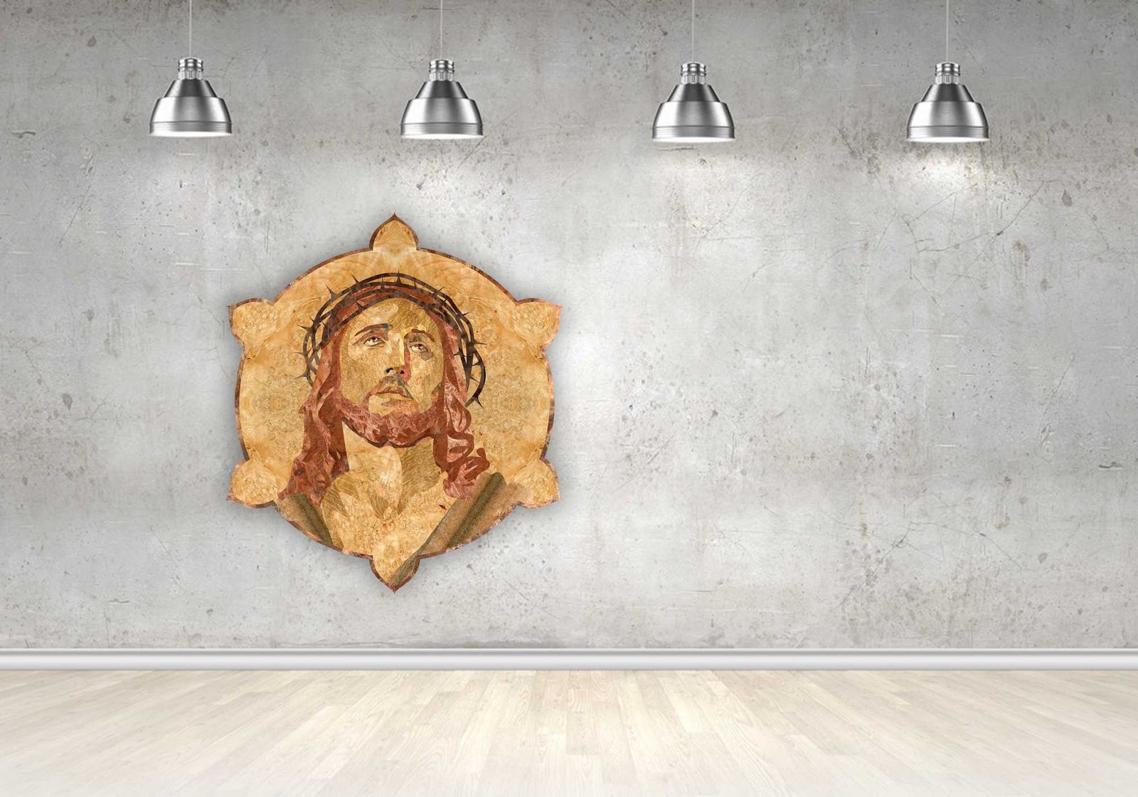 Jesus Christ, natural wood veneer marquetry portrait by Aydin Kalantar, shown hanging on a gallery wall