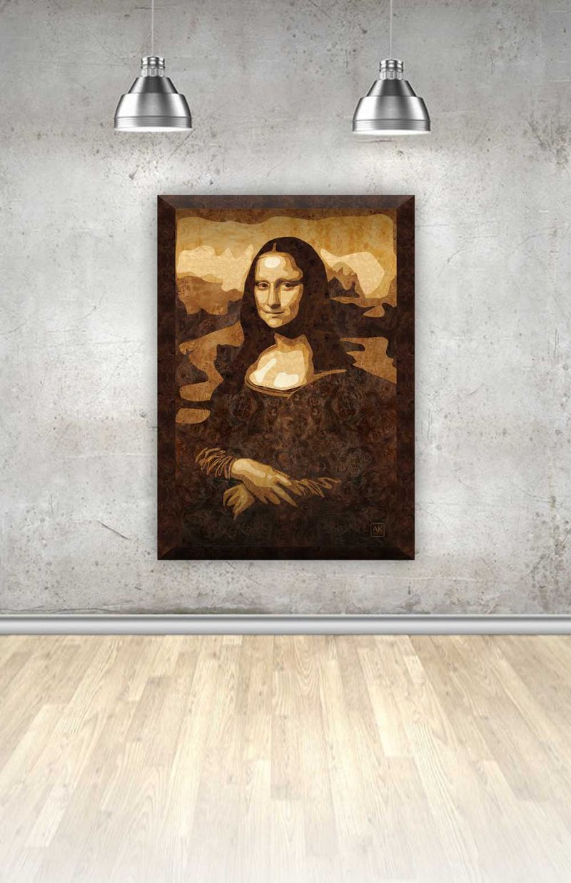 Mona Lisa, natural wood veneer marquetry portrait by Aydin Kalantar, shown hanging on a gallery wall