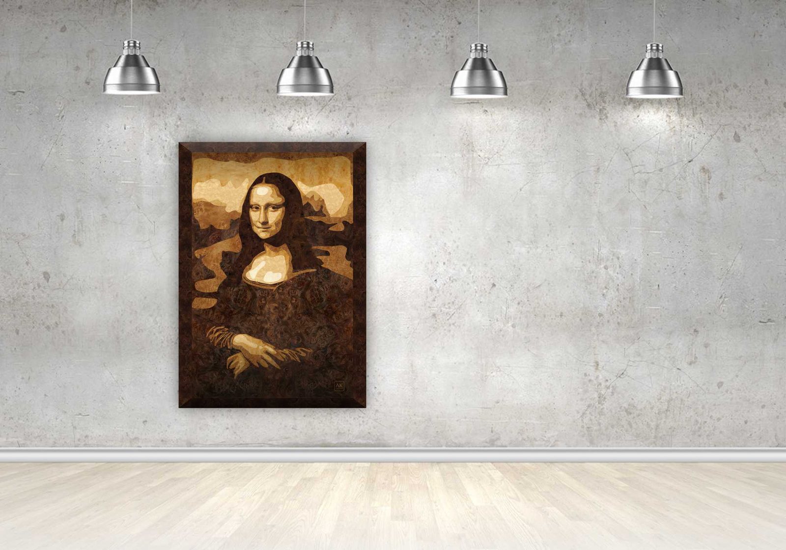Mona Lisa, natural wood veneer marquetry portrait by Aydin Kalantar, shown hanging on a gallery wall