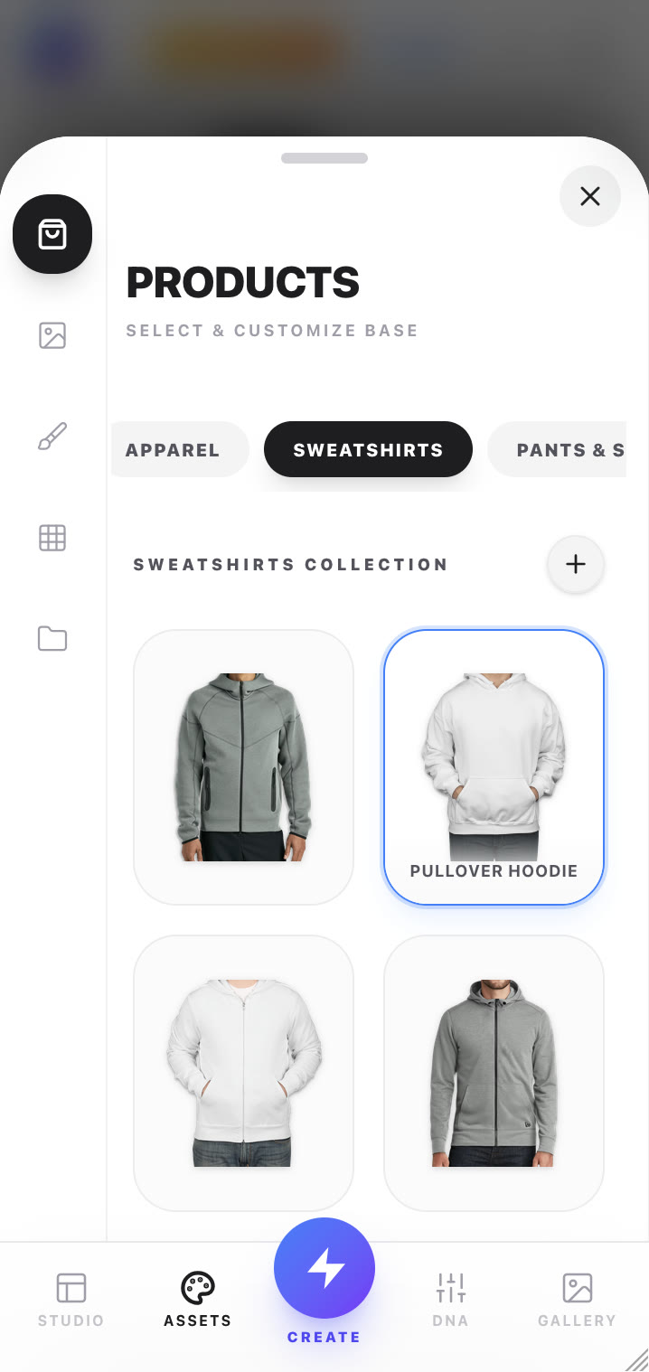 Virtual Fashion mobile app: product sheet showing a sweatshirt collection with a pullover hoodie selected
