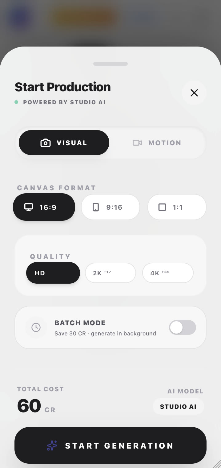Virtual Fashion mobile app: Start Production sheet with canvas format, quality, batch mode and a total cost in credits