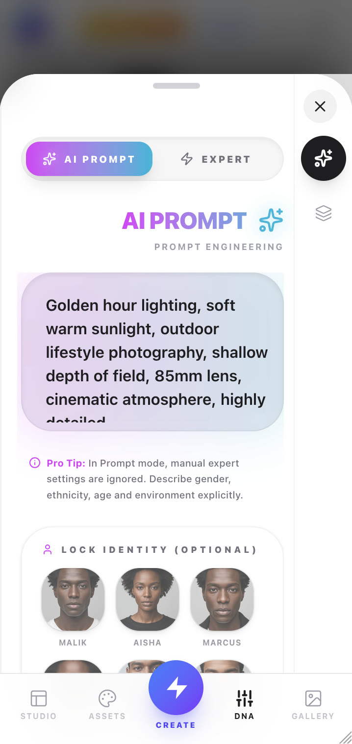 Virtual Fashion mobile app: AI prompt sheet with a lighting and lens prompt and a row of locked model identities