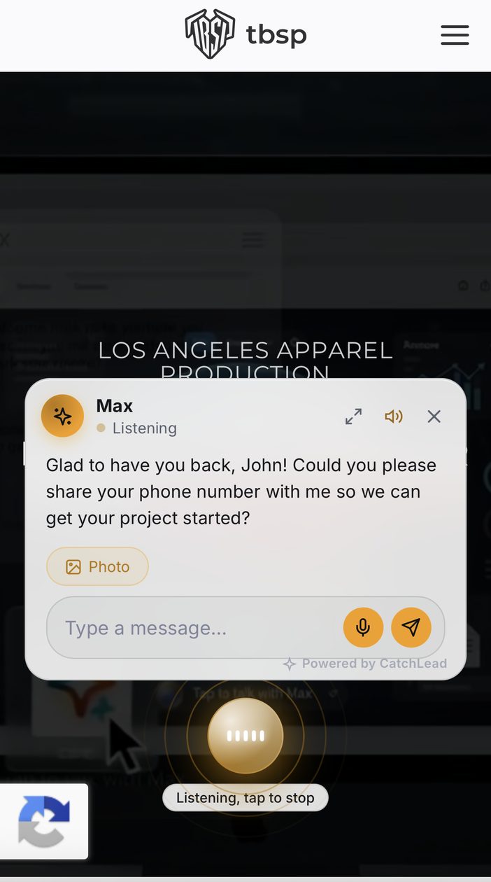Catch Lead agent Max listening in a chat window, greeting a returning customer by name and asking for a phone number
