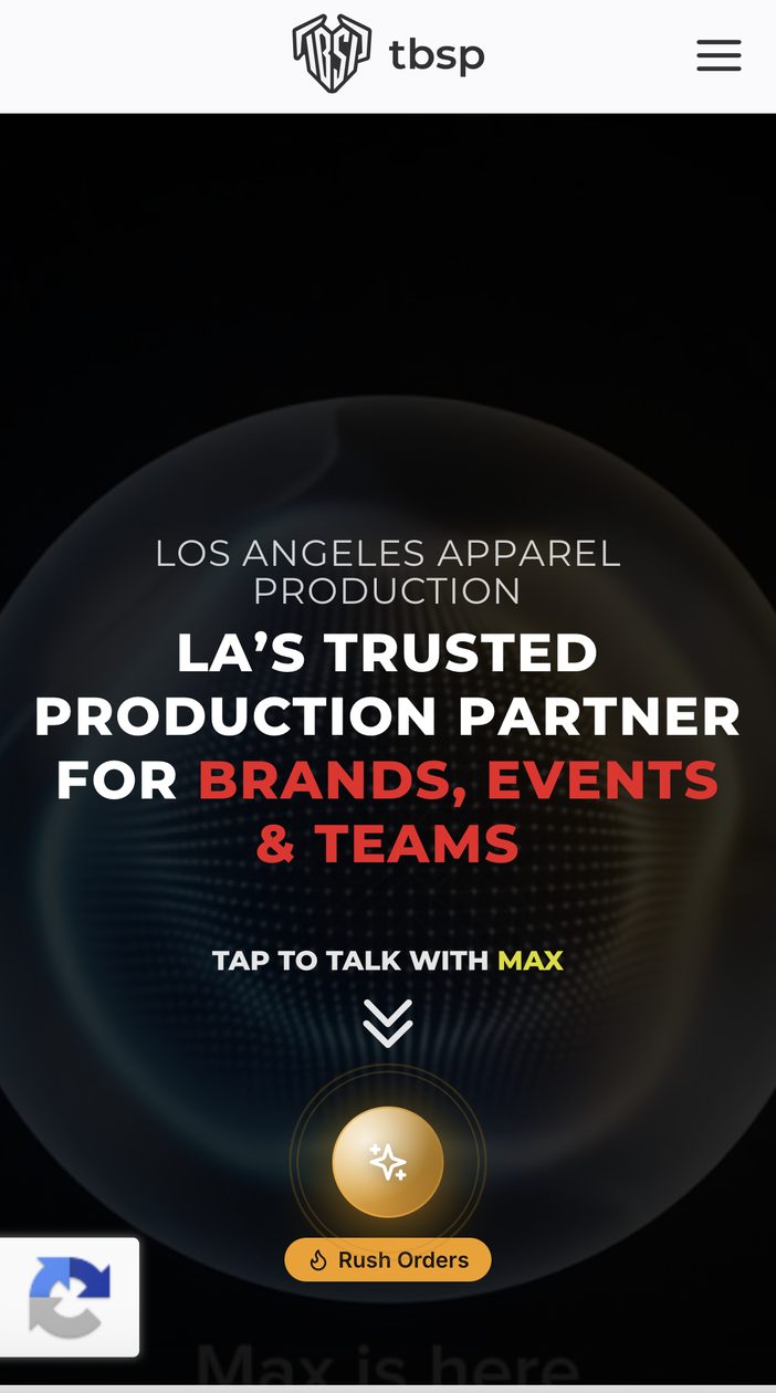 Catch Lead on a client website: a Los Angeles apparel printer homepage with a glowing Tap to talk with Max button