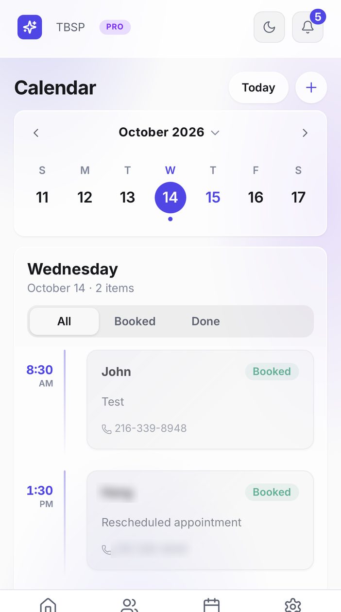 Catch Lead dashboard calendar in light mode showing two booked appointments on Wednesday, October 14