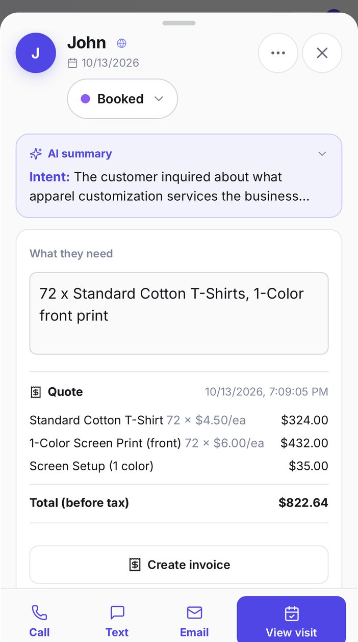 Catch Lead dashboard lead card: AI summary of intent, the request for 72 one-color printed cotton t-shirts, and an itemized quote totaling 822 dollars