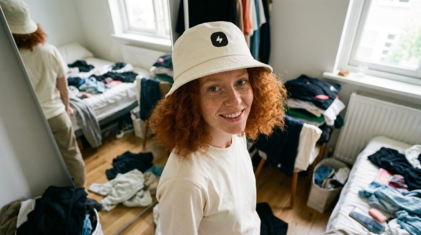 Bucket hat generated with Virtual Fashion: bedroom, natural light