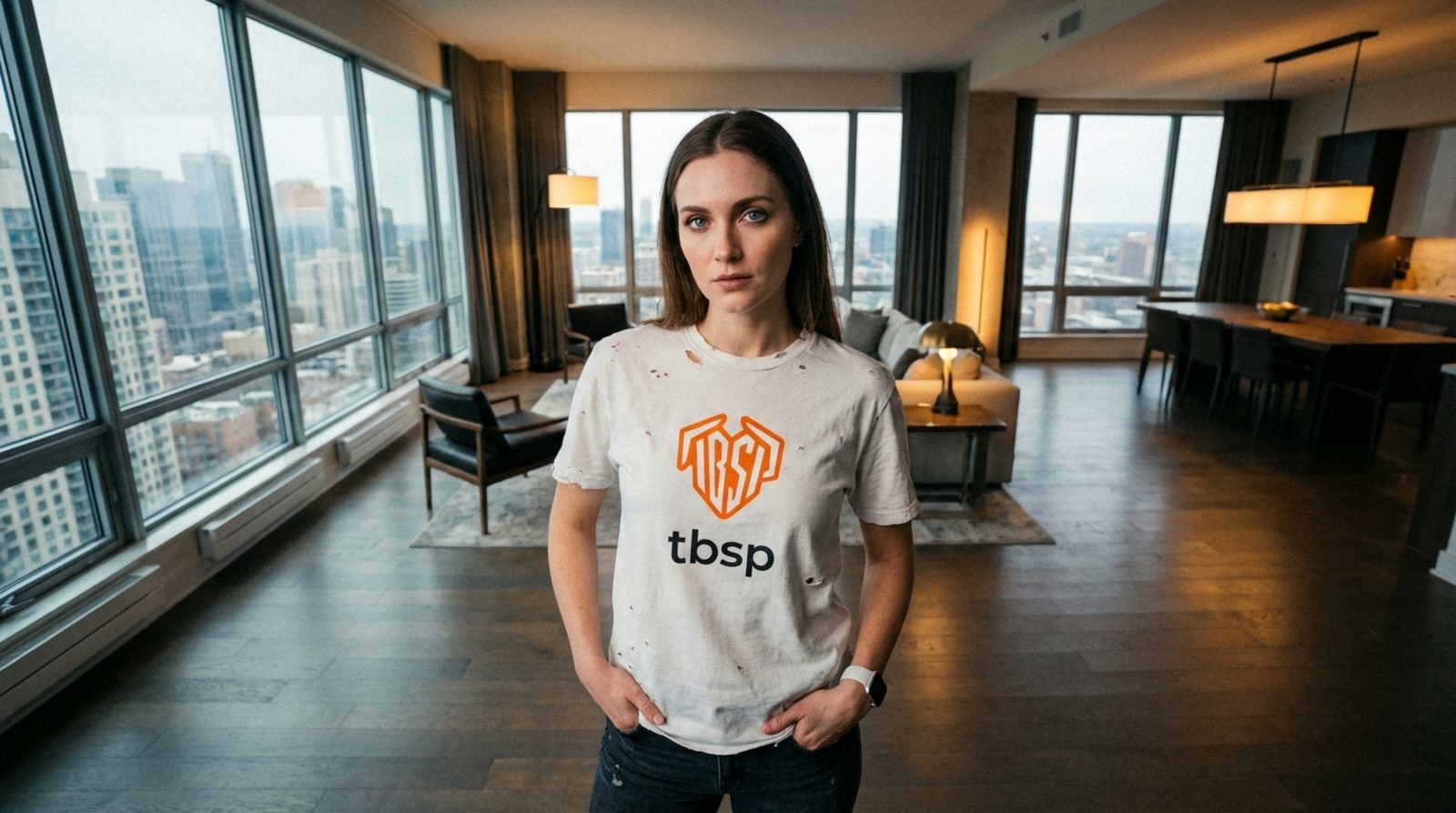 Distressed tee generated with Virtual Fashion: penthouse, city view
