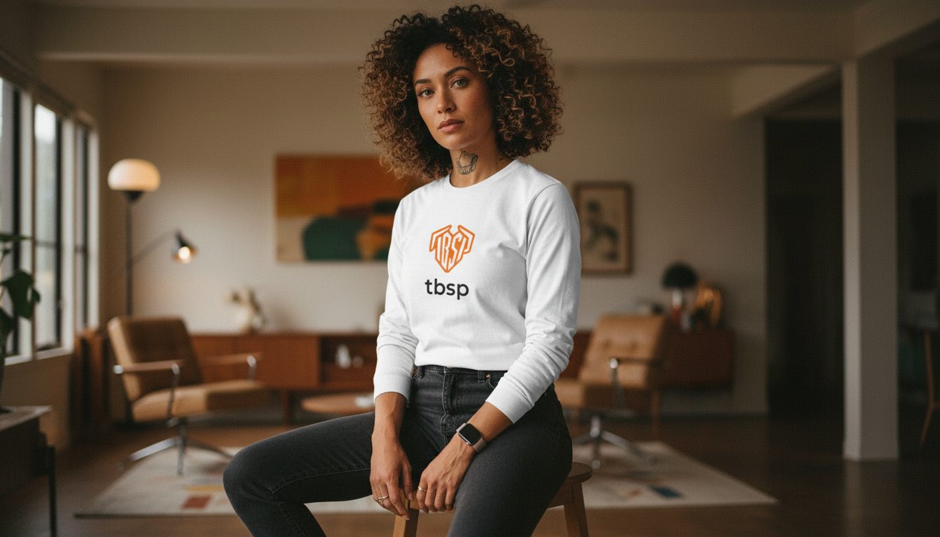 Long-sleeve tee generated with Virtual Fashion: mid-century living room