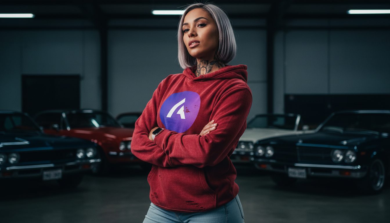 Hoodie generated with Virtual Fashion: brand mark on a red pullover, garage set