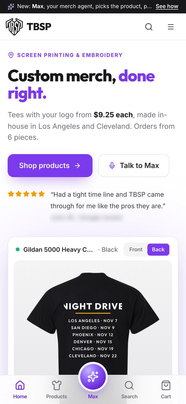 TBSP home page on a phone with Shop products and Talk to Max buttons and a bottom tab bar with Max in the center