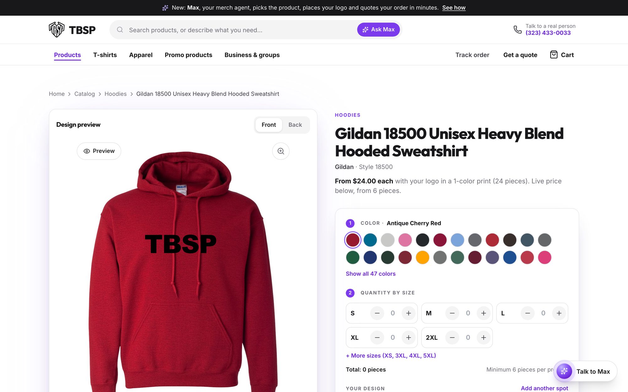 TBSP product page for a red Gildan 18500 hoodie with a TBSP wordmark placed on the front in the design preview, color swatches and quantity by size