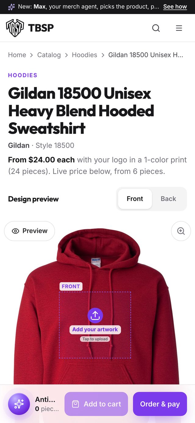TBSP product page on a phone: red hoodie with a dashed front print area to add artwork, and Add to cart and Order and pay buttons