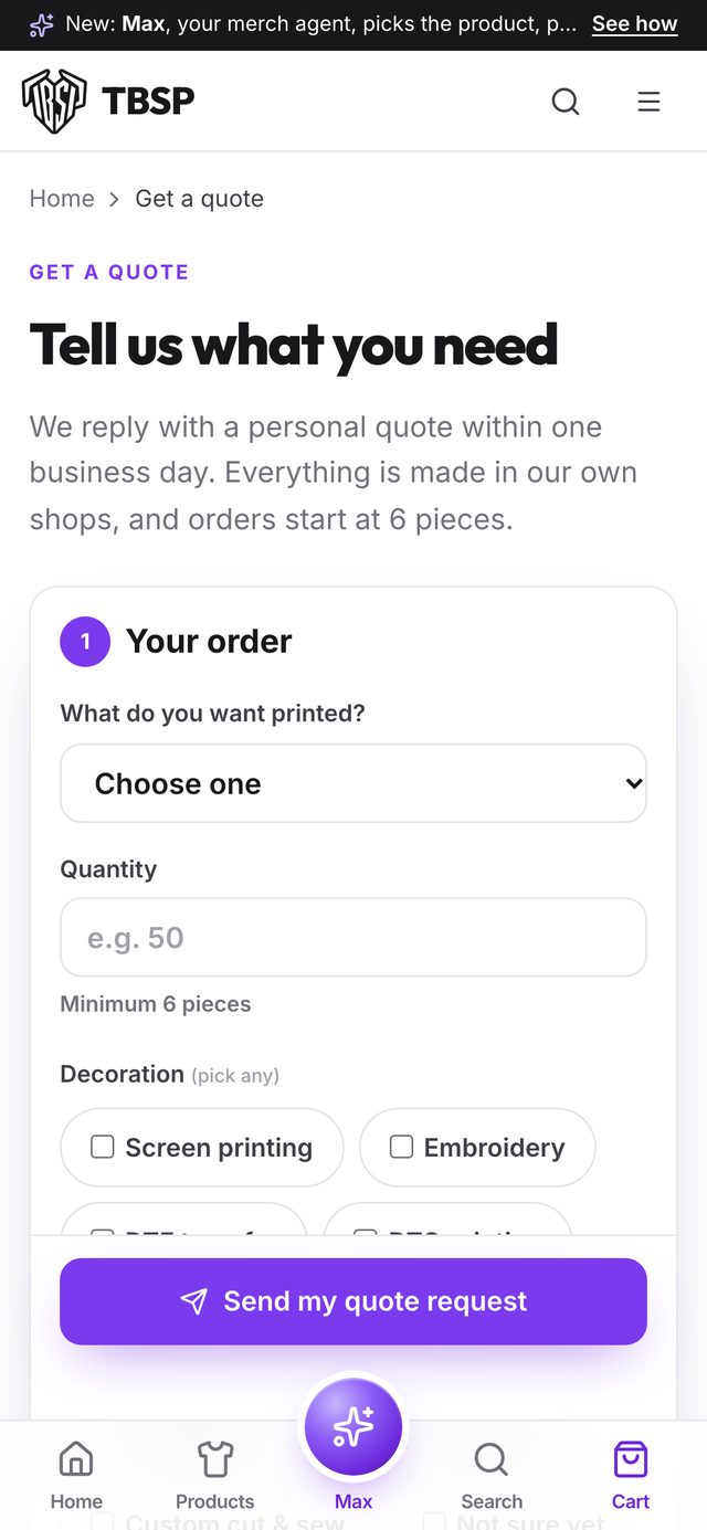 TBSP quote form on a phone: Tell us what you need, with garment, quantity, decoration and a Send my quote request button
