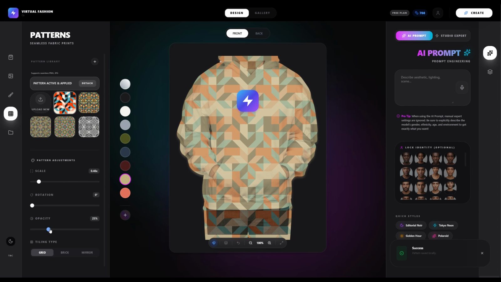 Virtual Fashion workspace: a hoodie with a geometric pattern and logo applied, pattern controls on the left and the AI prompt panel on the right